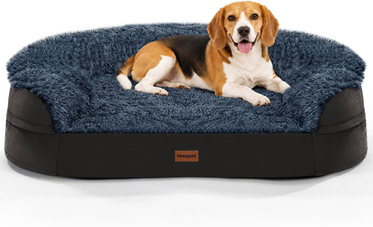Fluffy Calming Orthopedic Dog Beds for Large & Extra Large Dogs, 44’’ Supportive Dog Sofa Bed with 3.7 inch 28D Egg-Crate Foam, Removable Washable Plush Cover, Waterproof Lining,Grey
