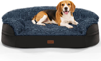 Fluffy Calming Orthopedic Dog Beds for Large & Extra Large Dogs, 44’’ Supportive Dog Sofa Bed with 3.7 inch 28D Egg-Crate Foam, Removable Washable Plush Cover, Waterproof Lining,Grey