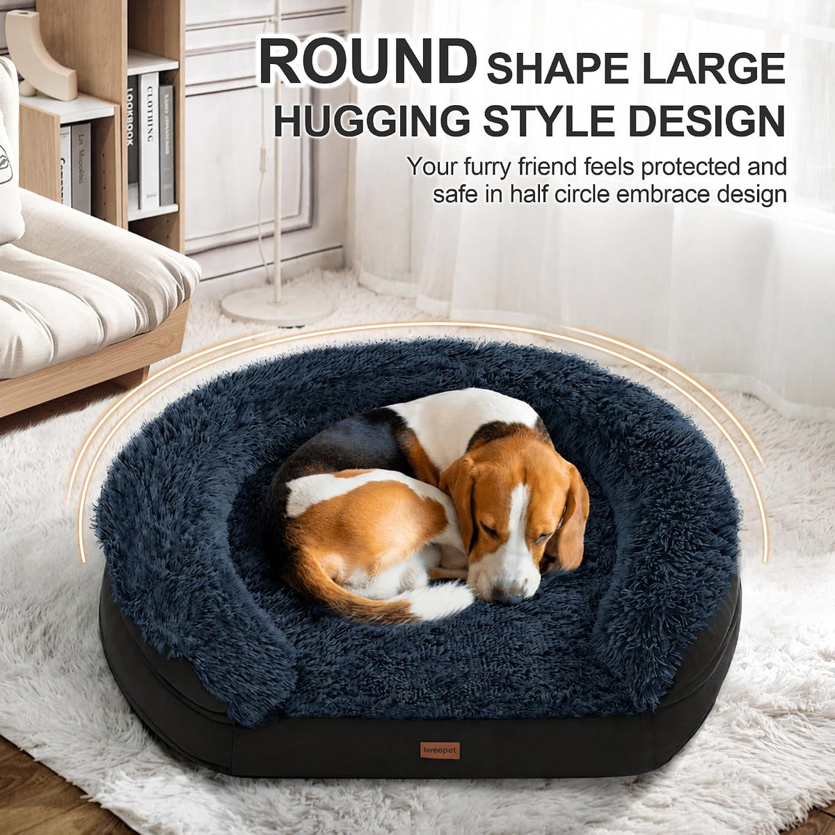Fluffy Calming Orthopedic Dog Beds for Large & Extra Large Dogs, 44’’ Supportive Dog Sofa Bed with 3.7 inch 28D Egg-Crate Foam, Removable Washable Plush Cover, Waterproof Lining,Grey