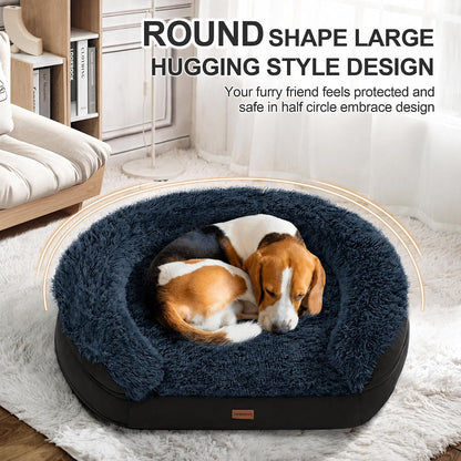 Fluffy Calming Orthopedic Dog Beds for Large & Extra Large Dogs, 44’’ Supportive Dog Sofa Bed with 3.7 inch 28D Egg-Crate Foam, Removable Washable Plush Cover, Waterproof Lining,Grey
