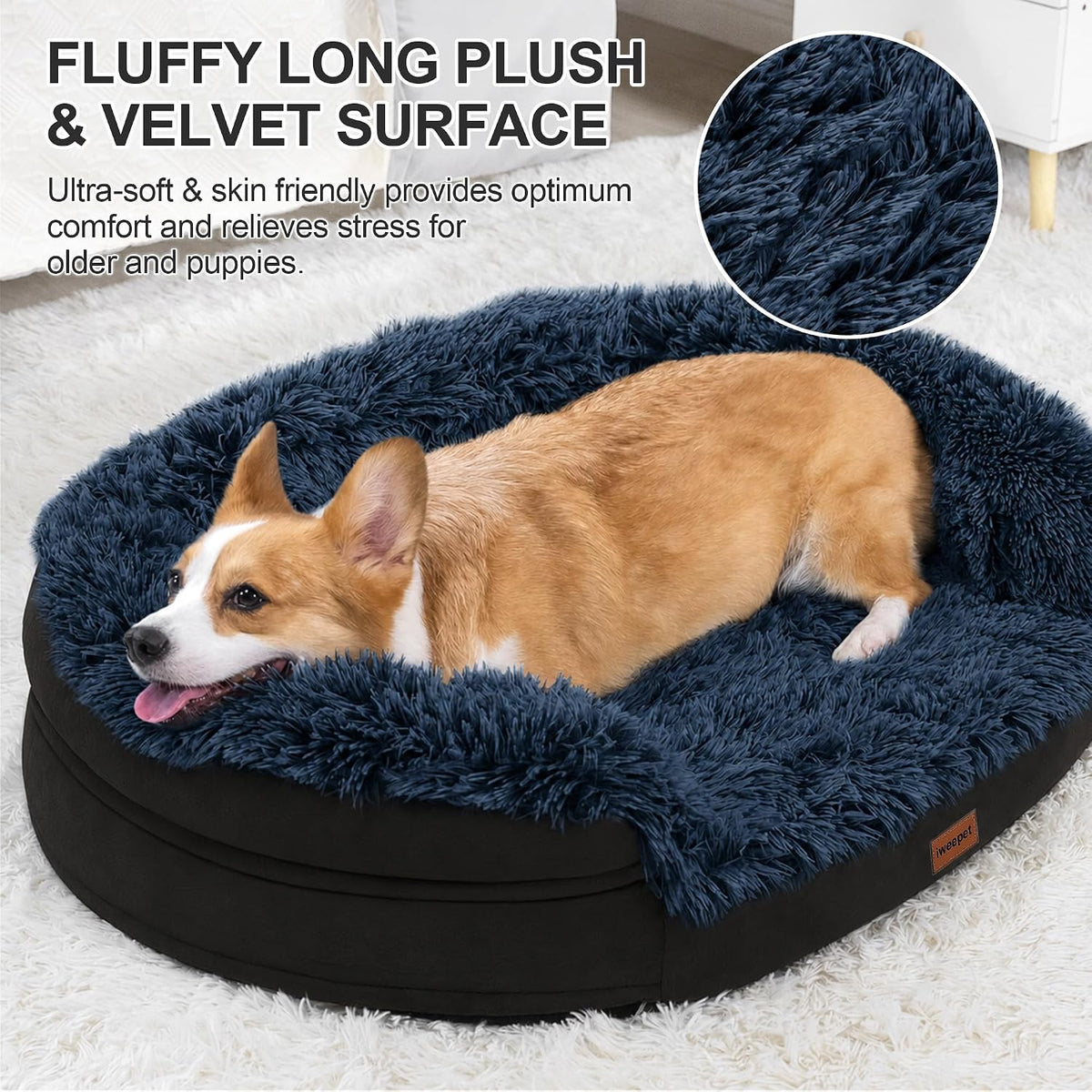 Fluffy Calming Orthopedic Dog Beds for Large & Extra Large Dogs, 44’’ Supportive Dog Sofa Bed with 3.7 inch 28D Egg-Crate Foam, Removable Washable Plush Cover, Waterproof Lining,Grey