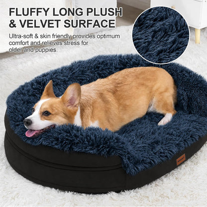 Fluffy Calming Orthopedic Dog Beds for Large & Extra Large Dogs, 44’’ Supportive Dog Sofa Bed with 3.7 inch 28D Egg-Crate Foam, Removable Washable Plush Cover, Waterproof Lining,Grey