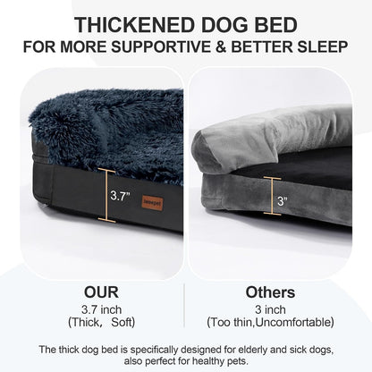 Fluffy Calming Orthopedic Dog Beds for Large & Extra Large Dogs, 44’’ Supportive Dog Sofa Bed with 3.7 inch 28D Egg-Crate Foam, Removable Washable Plush Cover, Waterproof Lining,Grey