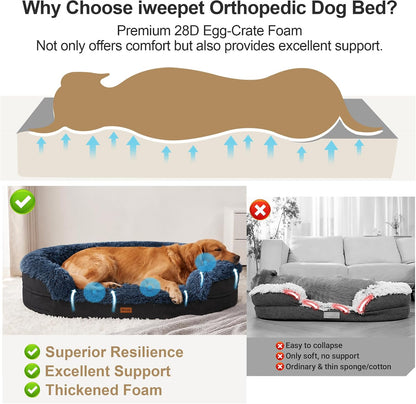 Fluffy Calming Orthopedic Dog Beds for Large & Extra Large Dogs, 44’’ Supportive Dog Sofa Bed with 3.7 inch 28D Egg-Crate Foam, Removable Washable Plush Cover, Waterproof Lining,Grey