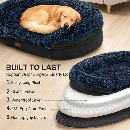 Fluffy Calming Orthopedic Dog Beds for Large & Extra Large Dogs, 44’’ Supportive Dog Sofa Bed with 3.7 inch 28D Egg-Crate Foam, Removable Washable Plush Cover, Waterproof Lining,Grey