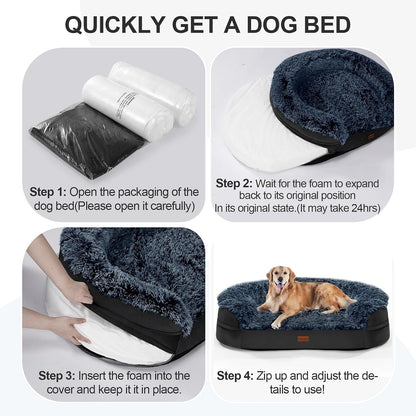 Fluffy Calming Orthopedic Dog Beds for Large & Extra Large Dogs, 44’’ Supportive Dog Sofa Bed with 3.7 inch 28D Egg-Crate Foam, Removable Washable Plush Cover, Waterproof Lining,Grey