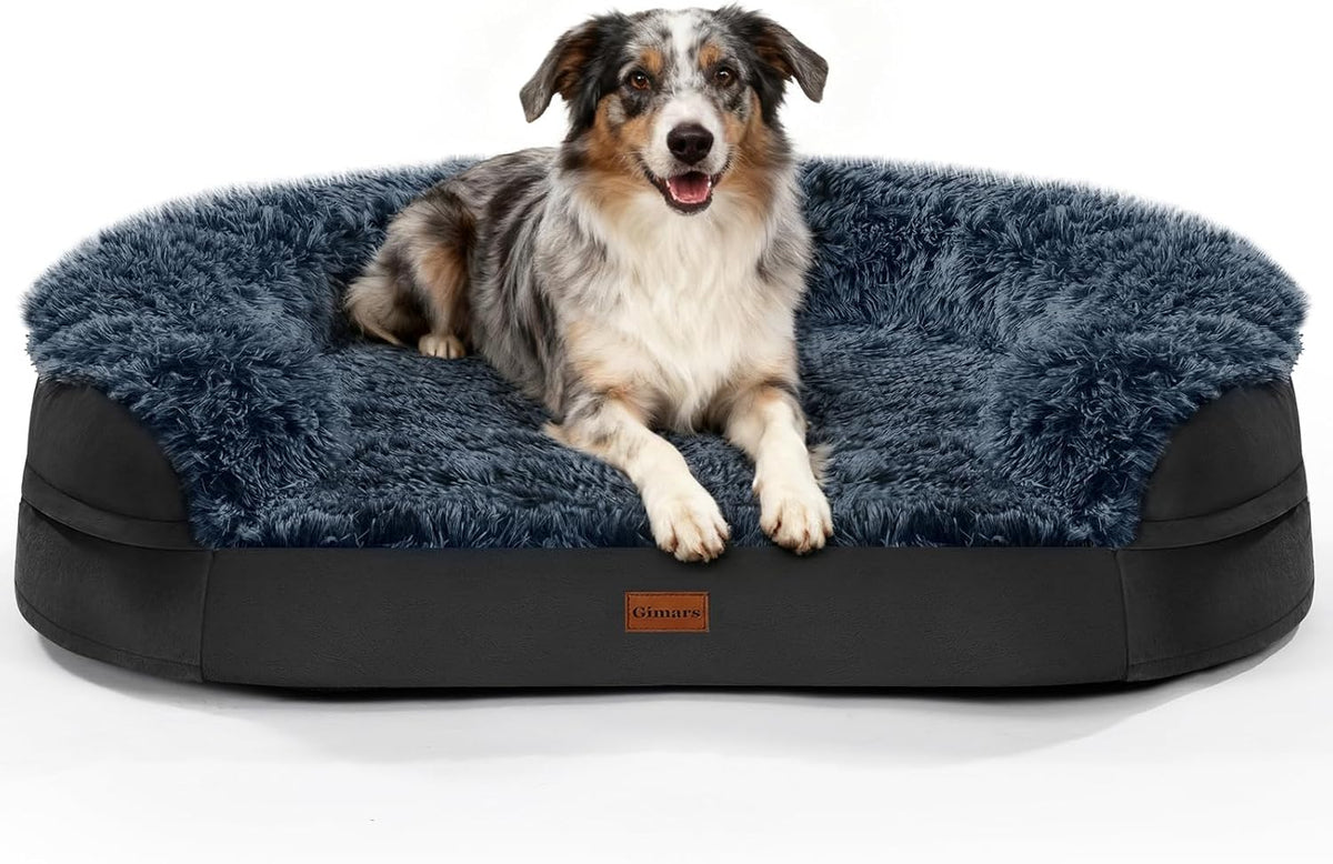 Fluffy Calming Orthopedic Dog Beds for Large & Extra Large Dogs, 44’’ Supportive Dog Sofa Bed with 3.7 inch 28D Egg-Crate Foam, Removable Washable Plush Cover, Waterproof Lining,Grey