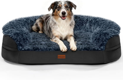 Fluffy Calming Orthopedic Dog Beds for Large & Extra Large Dogs, 44’’ Supportive Dog Sofa Bed with 3.7 inch 28D Egg-Crate Foam, Removable Washable Plush Cover, Waterproof Lining,Grey