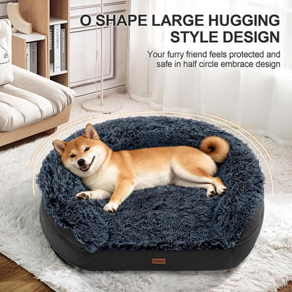 Fluffy Calming Orthopedic Dog Beds for Large & Extra Large Dogs, 44’’ Supportive Dog Sofa Bed with 3.7 inch 28D Egg-Crate Foam, Removable Washable Plush Cover, Waterproof Lining,Grey