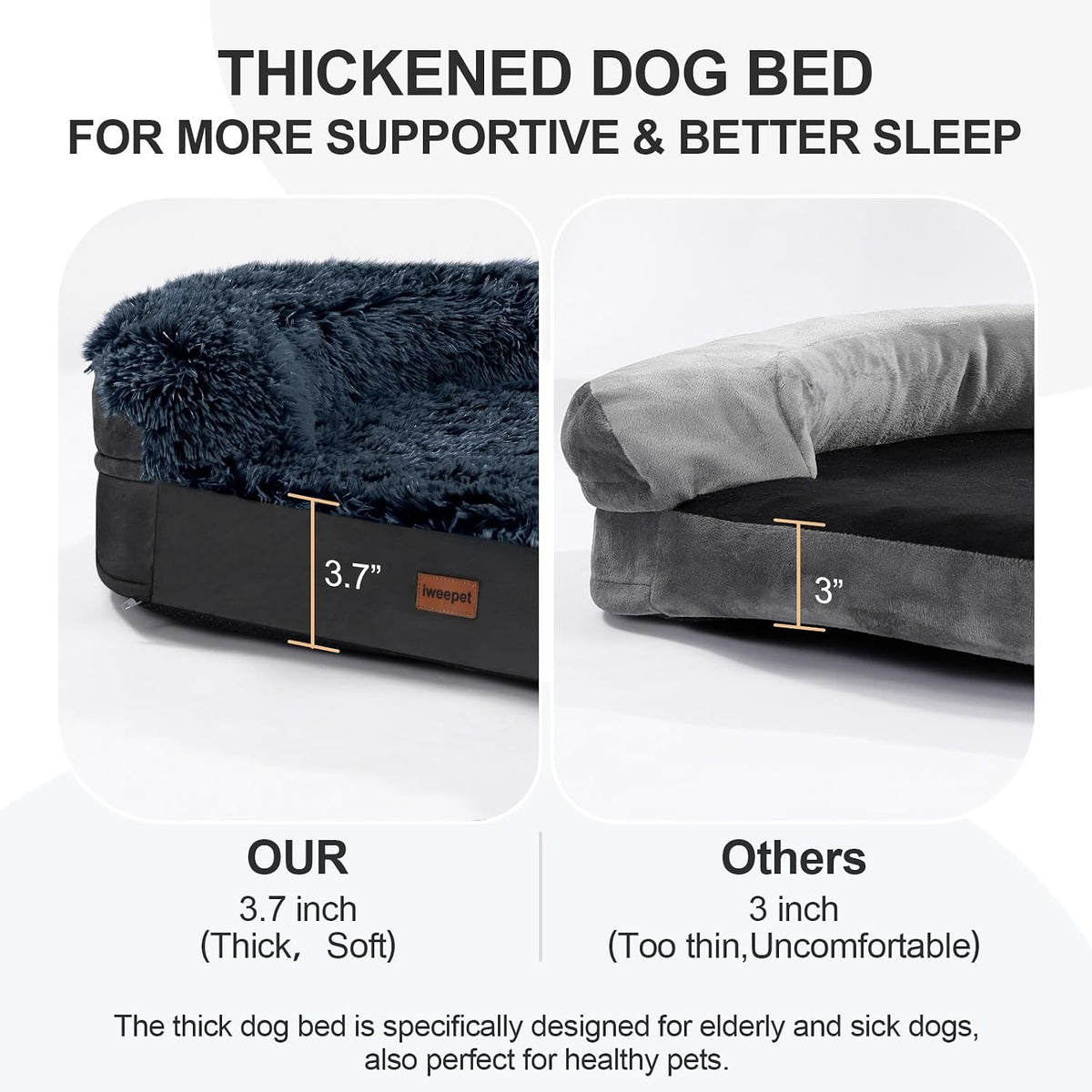 Fluffy Calming Orthopedic Dog Beds for Large & Extra Large Dogs, 44’’ Supportive Dog Sofa Bed with 3.7 inch 28D Egg-Crate Foam, Removable Washable Plush Cover, Waterproof Lining,Grey