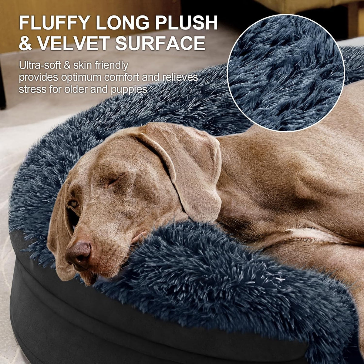 Fluffy Calming Orthopedic Dog Beds for Large & Extra Large Dogs, 44’’ Supportive Dog Sofa Bed with 3.7 inch 28D Egg-Crate Foam, Removable Washable Plush Cover, Waterproof Lining,Grey