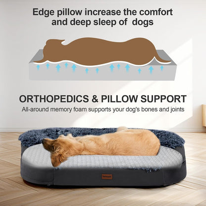 Fluffy Calming Orthopedic Dog Beds for Large & Extra Large Dogs, 44’’ Supportive Dog Sofa Bed with 3.7 inch 28D Egg-Crate Foam, Removable Washable Plush Cover, Waterproof Lining,Grey
