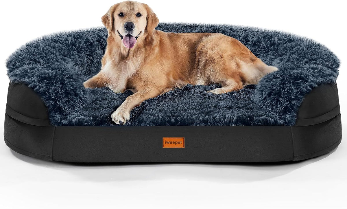 Fluffy Calming Orthopedic Dog Beds for Large & Extra Large Dogs, 44’’ Supportive Dog Sofa Bed with 3.7 inch 28D Egg-Crate Foam, Removable Washable Plush Cover, Waterproof Lining,Grey