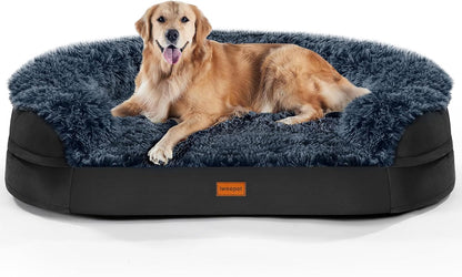 Fluffy Calming Orthopedic Dog Beds for Large & Extra Large Dogs, 44’’ Supportive Dog Sofa Bed with 3.7 inch 28D Egg-Crate Foam, Removable Washable Plush Cover, Waterproof Lining,Grey