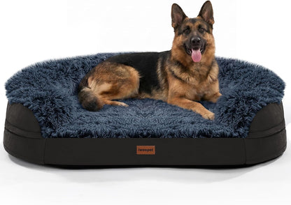 Fluffy Calming Orthopedic Dog Beds for Large & Extra Large Dogs, 44’’ Supportive Dog Sofa Bed with 3.7 inch 28D Egg-Crate Foam, Removable Washable Plush Cover, Waterproof Lining,Grey