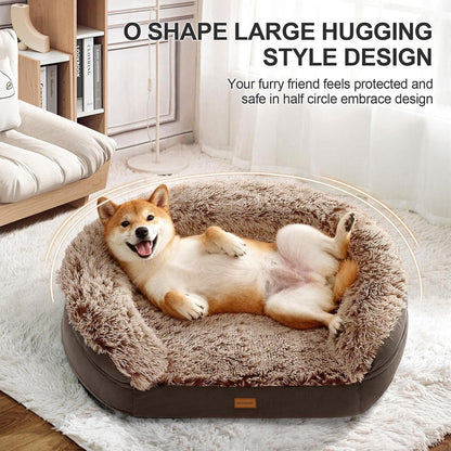 Fluffy Calming Orthopedic Dog Beds for Large & Extra Large Dogs, 44’’ Supportive Dog Sofa Bed with 3.7 inch 28D Egg-Crate Foam, Removable Washable Plush Cover, Waterproof Lining,Grey
