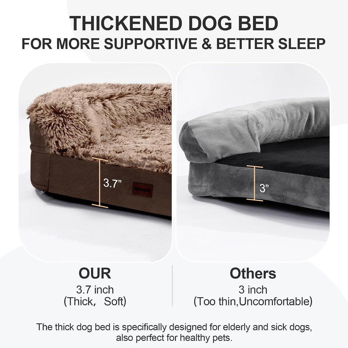 Fluffy Calming Orthopedic Dog Beds for Large & Extra Large Dogs, 44’’ Supportive Dog Sofa Bed with 3.7 inch 28D Egg-Crate Foam, Removable Washable Plush Cover, Waterproof Lining,Grey