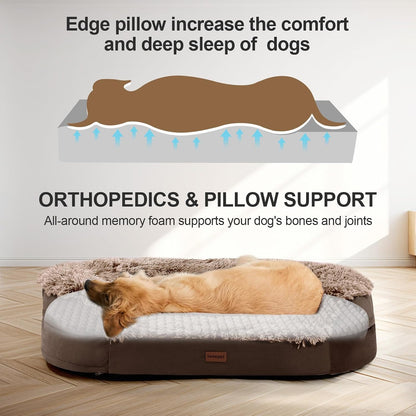 Fluffy Calming Orthopedic Dog Beds for Large & Extra Large Dogs, 44’’ Supportive Dog Sofa Bed with 3.7 inch 28D Egg-Crate Foam, Removable Washable Plush Cover, Waterproof Lining,Grey