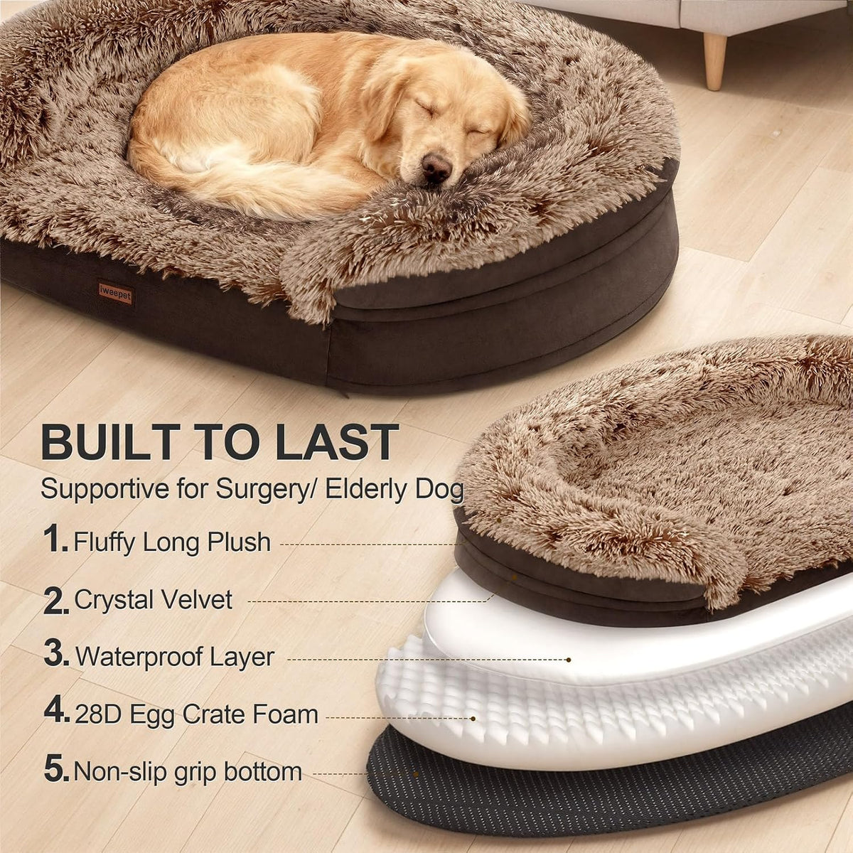 Fluffy Calming Orthopedic Dog Beds for Large & Extra Large Dogs, 44’’ Supportive Dog Sofa Bed with 3.7 inch 28D Egg-Crate Foam, Removable Washable Plush Cover, Waterproof Lining,Grey