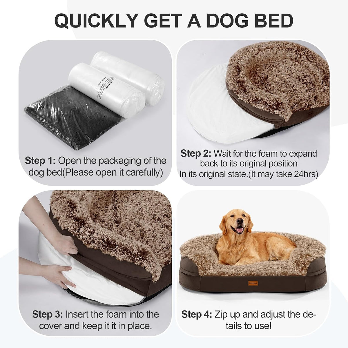 Fluffy Calming Orthopedic Dog Beds for Large & Extra Large Dogs, 44’’ Supportive Dog Sofa Bed with 3.7 inch 28D Egg-Crate Foam, Removable Washable Plush Cover, Waterproof Lining,Grey