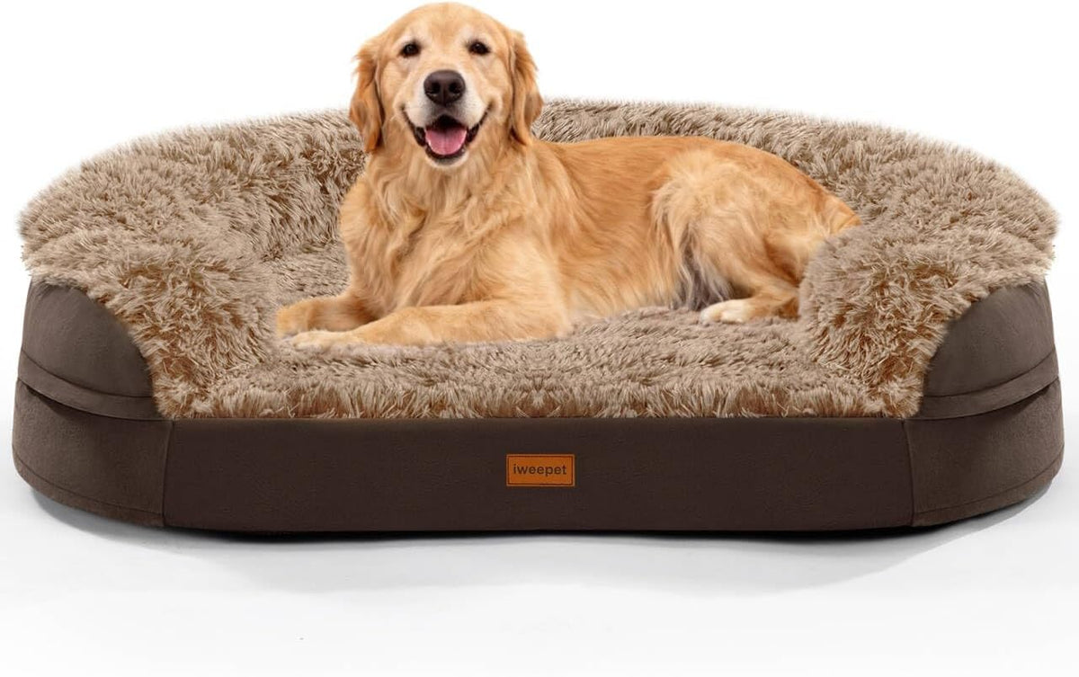 Fluffy Calming Orthopedic Dog Beds for Large & Extra Large Dogs, 44’’ Supportive Dog Sofa Bed with 3.7 inch 28D Egg-Crate Foam, Removable Washable Plush Cover, Waterproof Lining,Grey