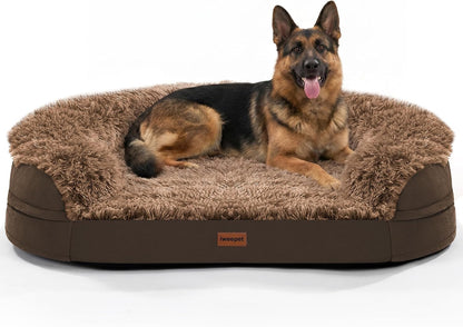 Fluffy Calming Orthopedic Dog Beds for Large & Extra Large Dogs, 44’’ Supportive Dog Sofa Bed with 3.7 inch 28D Egg-Crate Foam, Removable Washable Plush Cover, Waterproof Lining,Grey