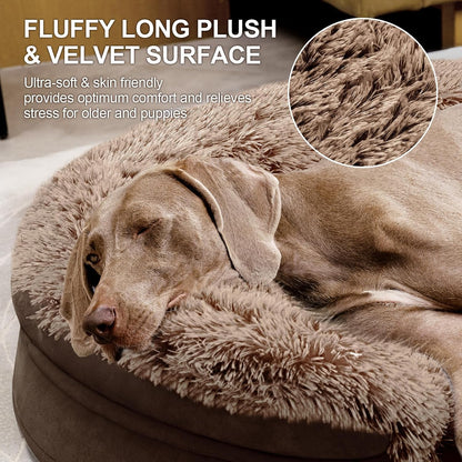 Fluffy Calming Orthopedic Dog Beds for Large & Extra Large Dogs, 44’’ Supportive Dog Sofa Bed with 3.7 inch 28D Egg-Crate Foam, Removable Washable Plush Cover, Waterproof Lining,Grey