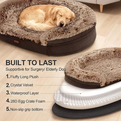Fluffy Calming Orthopedic Dog Beds for Large & Extra Large Dogs, 44’’ Supportive Dog Sofa Bed with 3.7 inch 28D Egg-Crate Foam, Removable Washable Plush Cover, Waterproof Lining,Grey