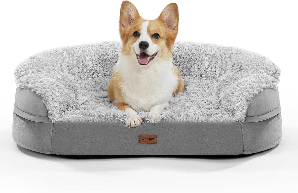 Fluffy Calming Orthopedic Dog Beds for Large & Extra Large Dogs, 44’’ Supportive Dog Sofa Bed with 3.7 inch 28D Egg-Crate Foam, Removable Washable Plush Cover, Waterproof Lining,Grey