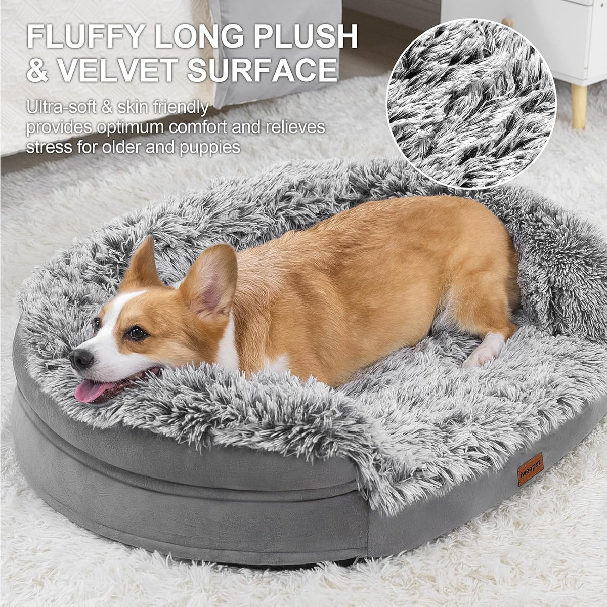 Fluffy Calming Orthopedic Dog Beds for Large & Extra Large Dogs, 44’’ Supportive Dog Sofa Bed with 3.7 inch 28D Egg-Crate Foam, Removable Washable Plush Cover, Waterproof Lining,Grey