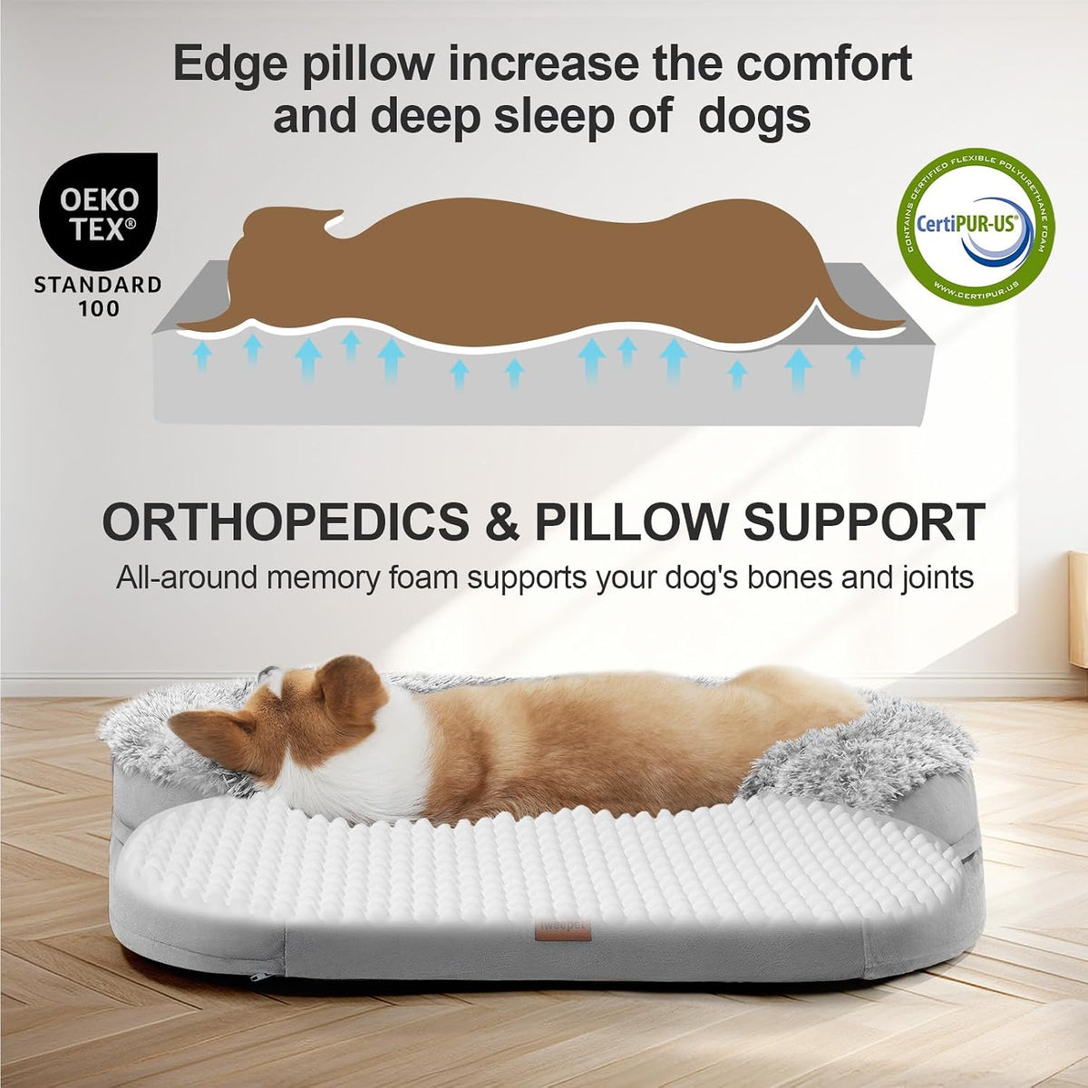 Fluffy Calming Orthopedic Dog Beds for Large & Extra Large Dogs, 44’’ Supportive Dog Sofa Bed with 3.7 inch 28D Egg-Crate Foam, Removable Washable Plush Cover, Waterproof Lining,Grey