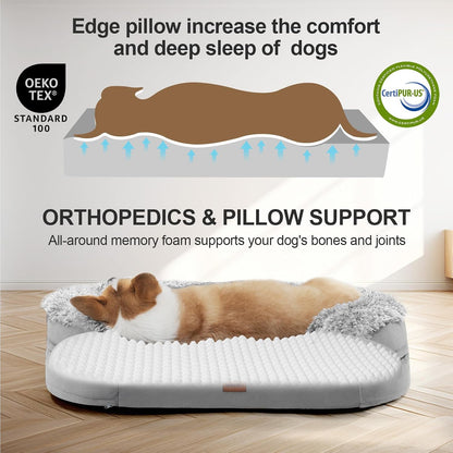 Fluffy Calming Orthopedic Dog Beds for Large & Extra Large Dogs, 44’’ Supportive Dog Sofa Bed with 3.7 inch 28D Egg-Crate Foam, Removable Washable Plush Cover, Waterproof Lining,Grey