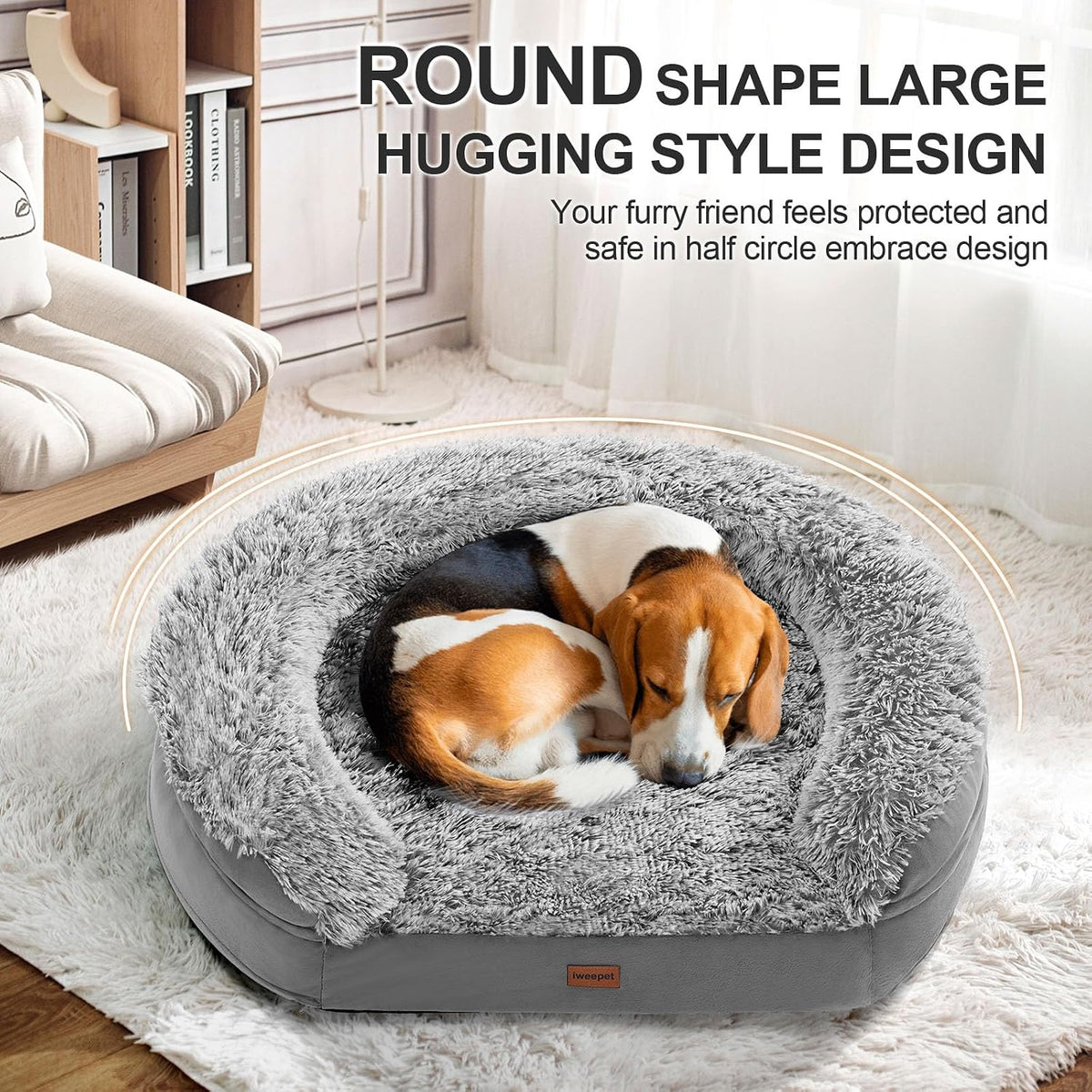 Fluffy Calming Orthopedic Dog Beds for Large & Extra Large Dogs, 44’’ Supportive Dog Sofa Bed with 3.7 inch 28D Egg-Crate Foam, Removable Washable Plush Cover, Waterproof Lining,Grey