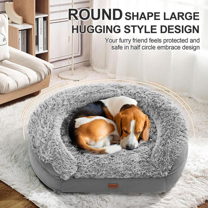 Fluffy Calming Orthopedic Dog Beds for Large & Extra Large Dogs, 44’’ Supportive Dog Sofa Bed with 3.7 inch 28D Egg-Crate Foam, Removable Washable Plush Cover, Waterproof Lining,Grey