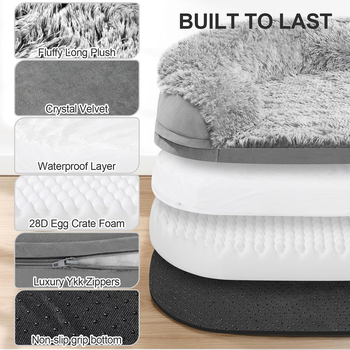 Fluffy Calming Orthopedic Dog Beds for Large & Extra Large Dogs, 44’’ Supportive Dog Sofa Bed with 3.7 inch 28D Egg-Crate Foam, Removable Washable Plush Cover, Waterproof Lining,Grey