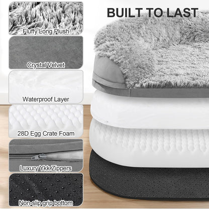 Fluffy Calming Orthopedic Dog Beds for Large & Extra Large Dogs, 44’’ Supportive Dog Sofa Bed with 3.7 inch 28D Egg-Crate Foam, Removable Washable Plush Cover, Waterproof Lining,Grey