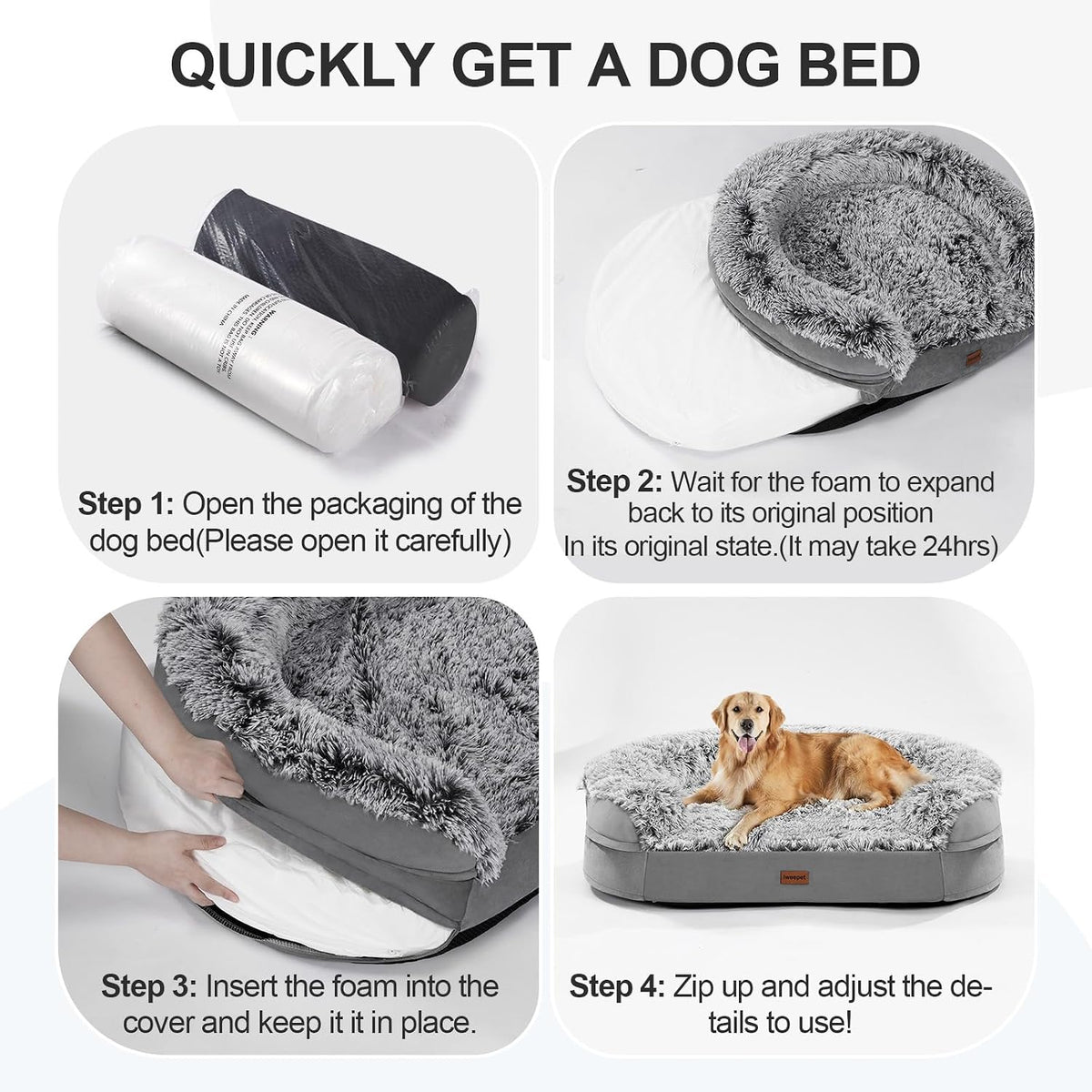 Fluffy Calming Orthopedic Dog Beds for Large & Extra Large Dogs, 44’’ Supportive Dog Sofa Bed with 3.7 inch 28D Egg-Crate Foam, Removable Washable Plush Cover, Waterproof Lining,Grey