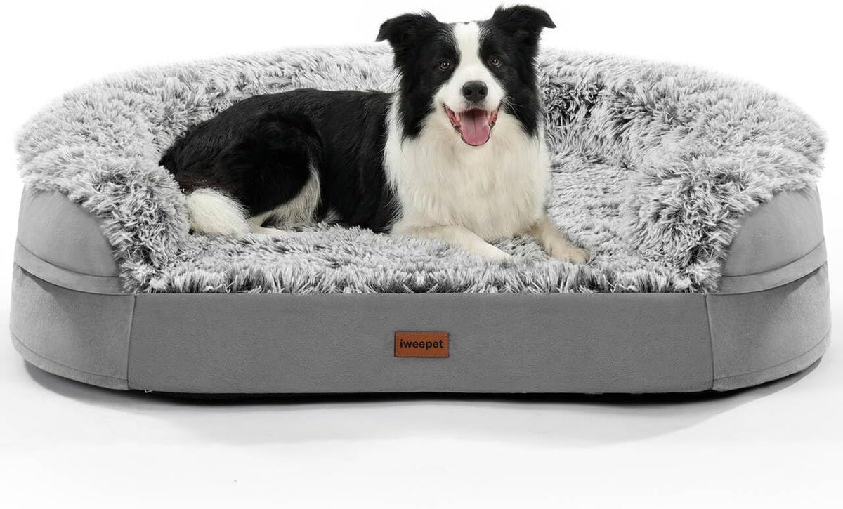 Fluffy Calming Orthopedic Dog Beds for Large & Extra Large Dogs, 44’’ Supportive Dog Sofa Bed with 3.7 inch 28D Egg-Crate Foam, Removable Washable Plush Cover, Waterproof Lining,Grey