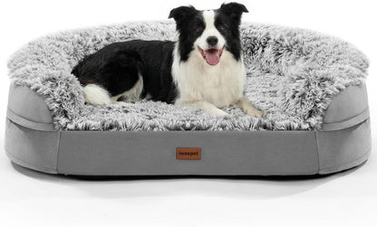 Fluffy Calming Orthopedic Dog Beds for Large & Extra Large Dogs, 44’’ Supportive Dog Sofa Bed with 3.7 inch 28D Egg-Crate Foam, Removable Washable Plush Cover, Waterproof Lining,Grey