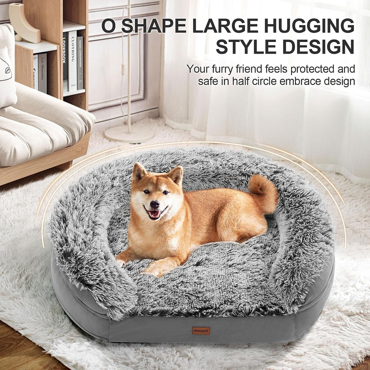 Fluffy Calming Orthopedic Dog Beds for Large & Extra Large Dogs, 44’’ Supportive Dog Sofa Bed with 3.7 inch 28D Egg-Crate Foam, Removable Washable Plush Cover, Waterproof Lining,Grey