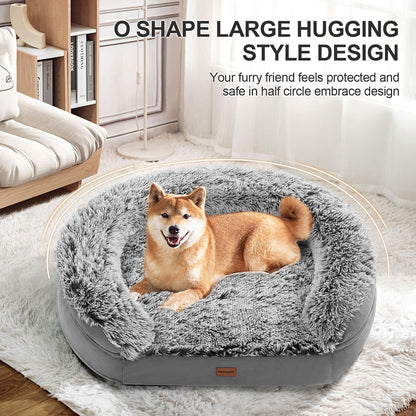Fluffy Calming Orthopedic Dog Beds for Large & Extra Large Dogs, 44’’ Supportive Dog Sofa Bed with 3.7 inch 28D Egg-Crate Foam, Removable Washable Plush Cover, Waterproof Lining,Grey