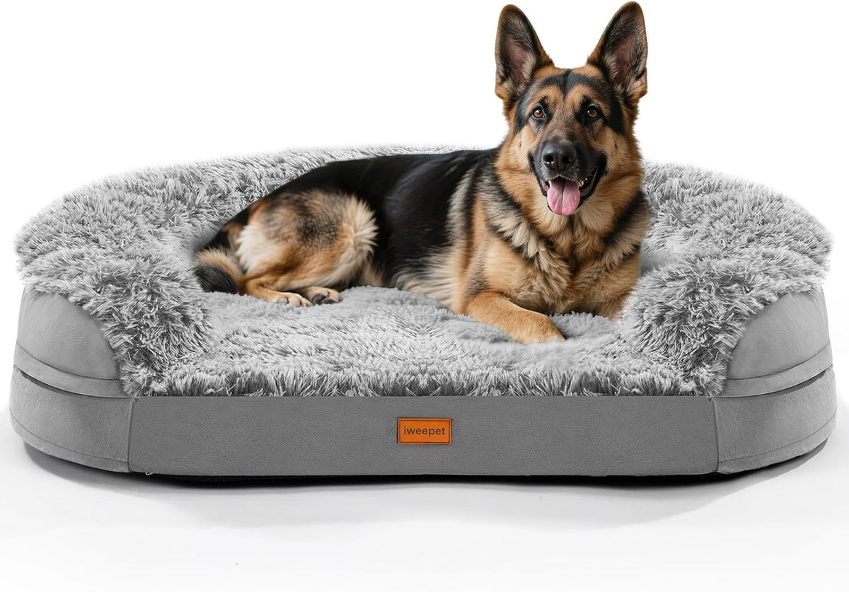 Fluffy Calming Orthopedic Dog Beds for Large & Extra Large Dogs, 44’’ Supportive Dog Sofa Bed with 3.7 inch 28D Egg-Crate Foam, Removable Washable Plush Cover, Waterproof Lining,Grey