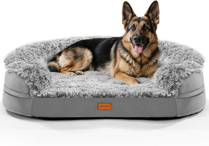 Fluffy Calming Orthopedic Dog Beds for Large & Extra Large Dogs, 44’’ Supportive Dog Sofa Bed with 3.7 inch 28D Egg-Crate Foam, Removable Washable Plush Cover, Waterproof Lining,Grey