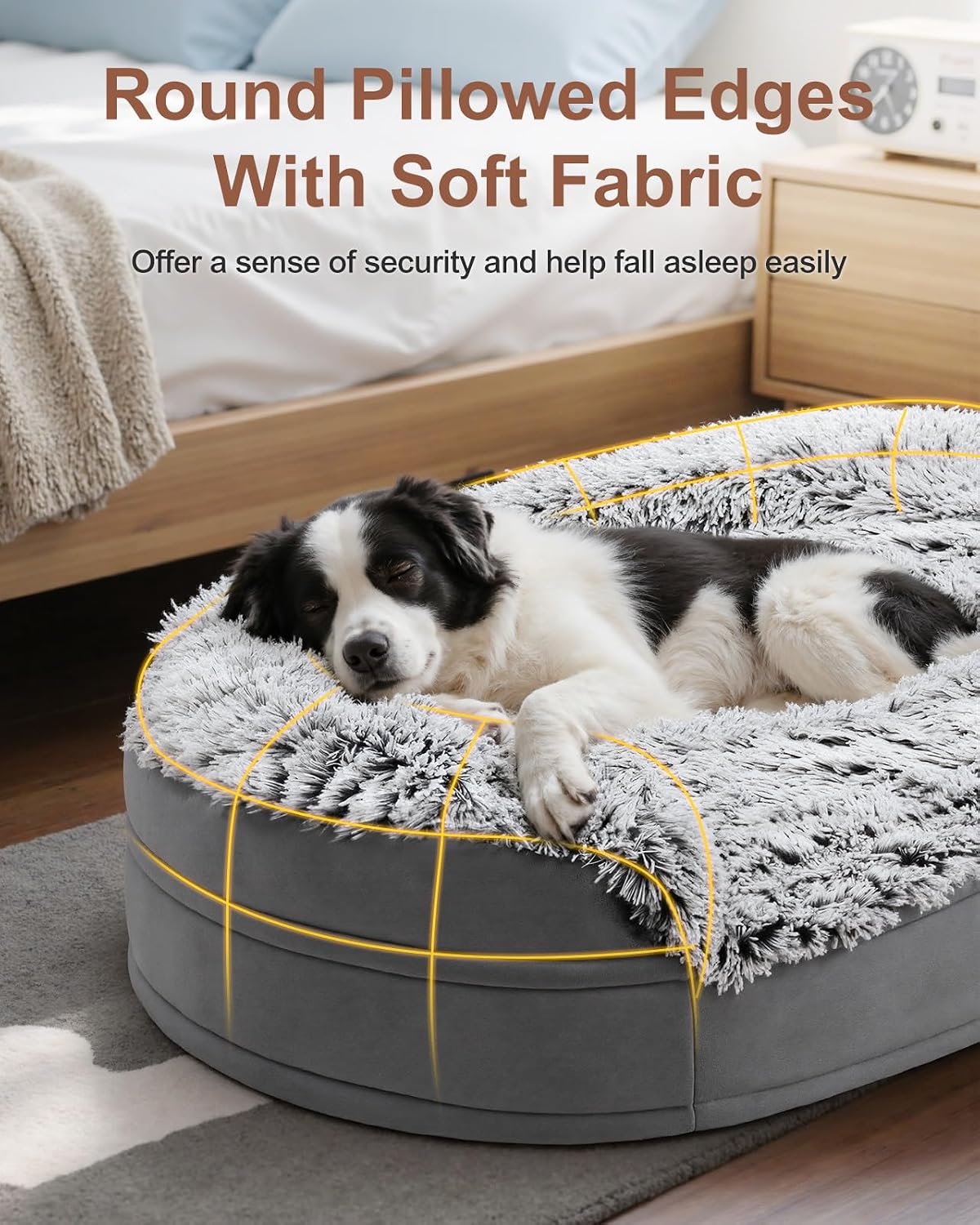 Fluffy Calming Orthopedic Dog Beds for Large & Extra Large Dogs, 44’’ Supportive Dog Sofa Bed with 3.7 inch 28D Egg-Crate Foam, Removable Washable Plush Cover, Waterproof Lining,Grey