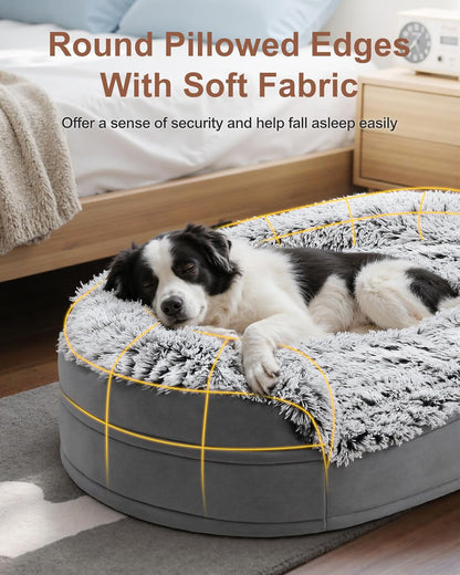 Fluffy Calming Orthopedic Dog Beds for Large & Extra Large Dogs, 44’’ Supportive Dog Sofa Bed with 3.7 inch 28D Egg-Crate Foam, Removable Washable Plush Cover, Waterproof Lining,Grey
