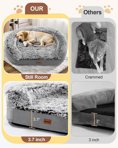 Fluffy Calming Orthopedic Dog Beds for Large & Extra Large Dogs, 44’’ Supportive Dog Sofa Bed with 3.7 inch 28D Egg-Crate Foam, Removable Washable Plush Cover, Waterproof Lining,Grey