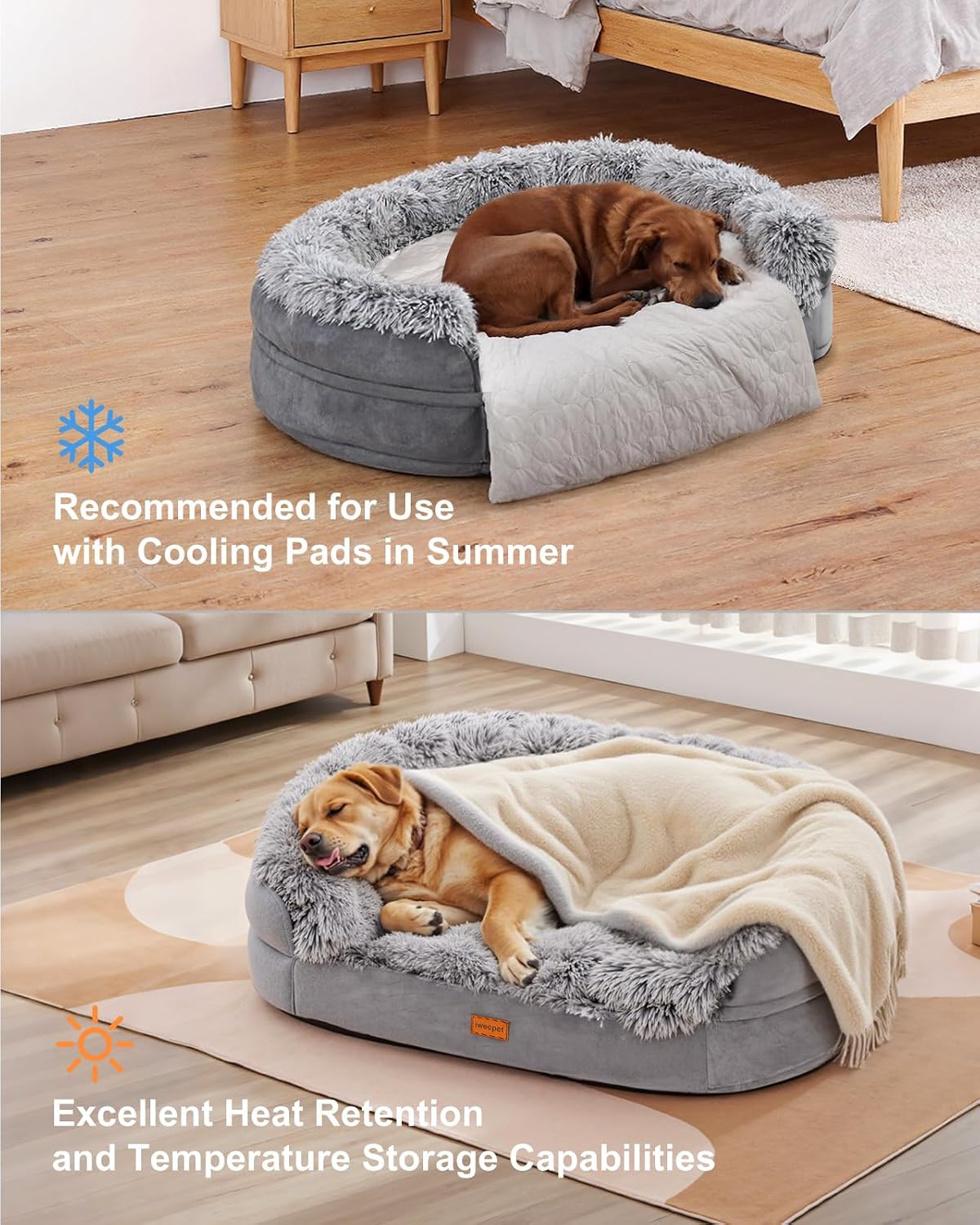 Fluffy Calming Orthopedic Dog Beds for Large & Extra Large Dogs, 44’’ Supportive Dog Sofa Bed with 3.7 inch 28D Egg-Crate Foam, Removable Washable Plush Cover, Waterproof Lining,Grey