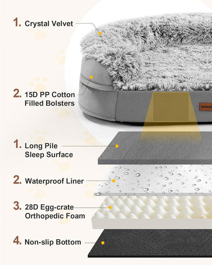 Fluffy Calming Orthopedic Dog Beds for Large & Extra Large Dogs, 44’’ Supportive Dog Sofa Bed with 3.7 inch 28D Egg-Crate Foam, Removable Washable Plush Cover, Waterproof Lining,Grey
