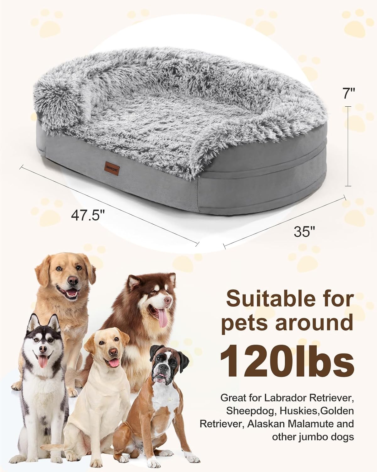 Fluffy Calming Orthopedic Dog Beds for Large & Extra Large Dogs, 44’’ Supportive Dog Sofa Bed with 3.7 inch 28D Egg-Crate Foam, Removable Washable Plush Cover, Waterproof Lining,Grey