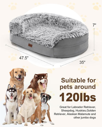 Fluffy Calming Orthopedic Dog Beds for Large & Extra Large Dogs, 44’’ Supportive Dog Sofa Bed with 3.7 inch 28D Egg-Crate Foam, Removable Washable Plush Cover, Waterproof Lining,Grey